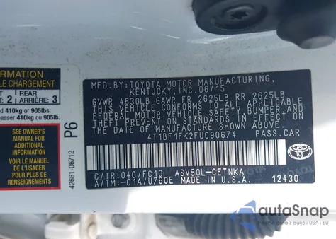 2015 Toyota Camry Le z USA, uszkodzony, nr VIN 4T1BF1FK2FU090674